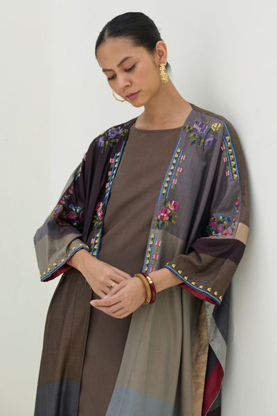 Darri Hand-Embroidered Overlay with Mulberry Silk Dress - Taupe Grey