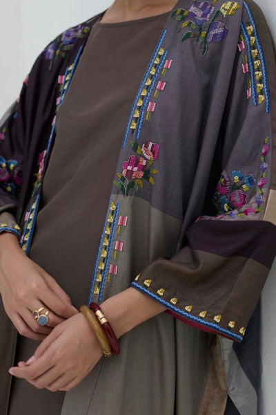Darri Hand-Embroidered Overlay with Mulberry Silk Dress - Taupe Grey