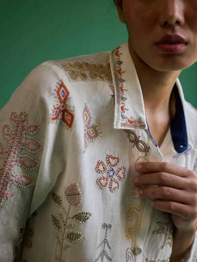 Tansa Hand-Embroidered Metallic Linen Shirt
 - Ivory