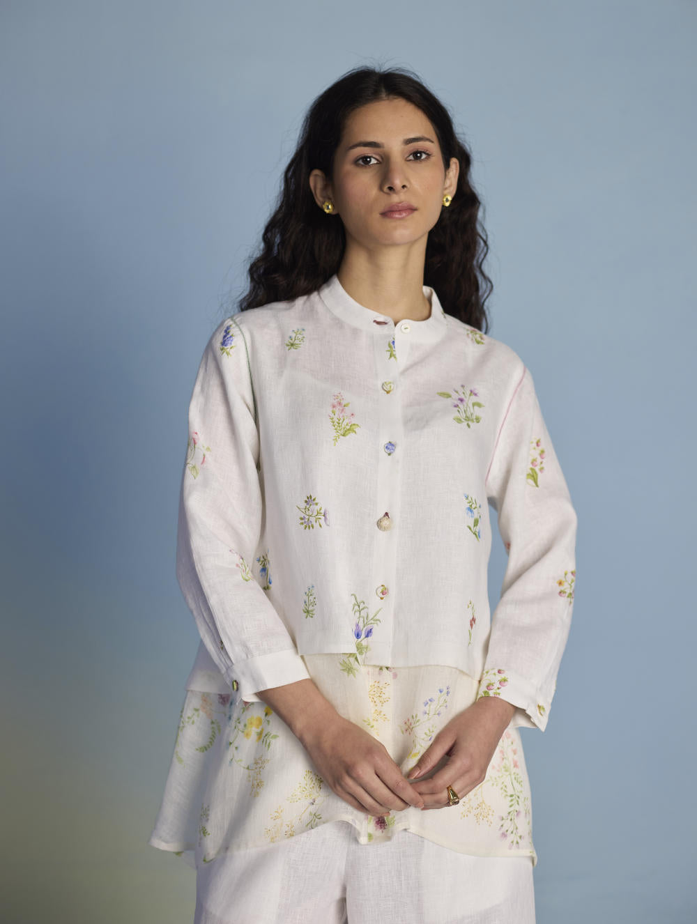 Leina Floral Linen A-Line Shirt - White