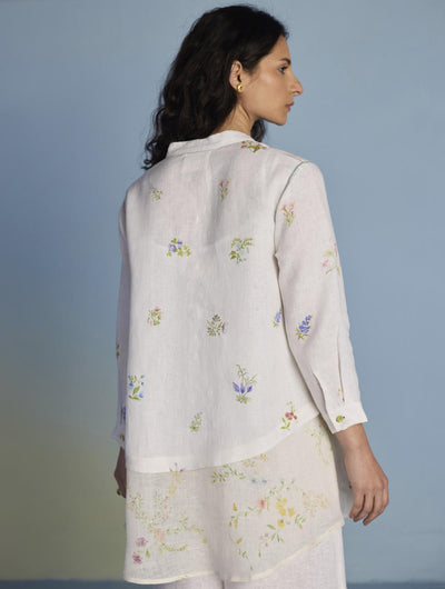 Leina Floral Linen A-Line Shirt - White