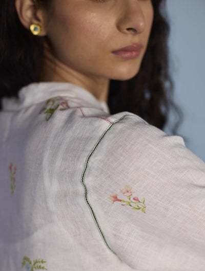Leina Floral Linen A-Line Shirt - White