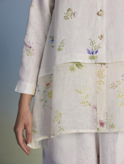 Leina Floral Linen A-Line Shirt - White