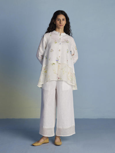 Leina Floral Linen A-Line Shirt - White