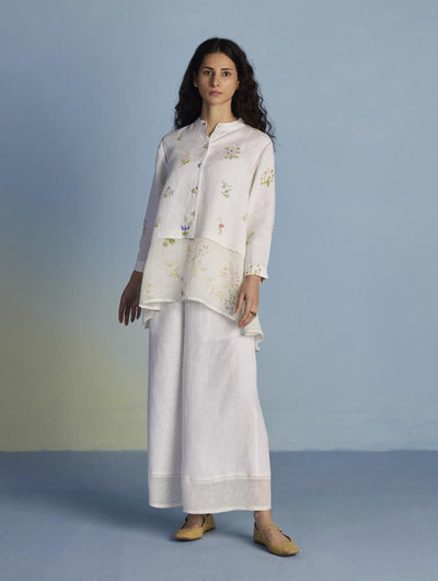 Leina Floral Linen A-Line Shirt - White
