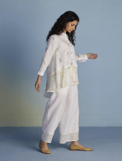 Leina Floral Linen A-Line Shirt - White