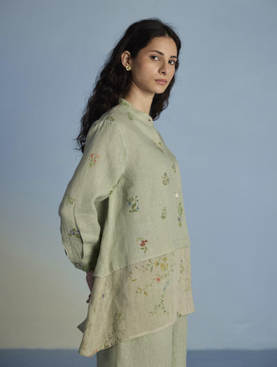 Leina A-Line Floral Linen Shirt - Mint