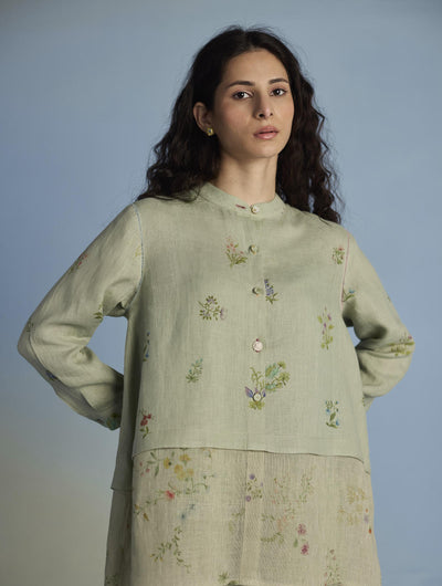 Leina A-Line Floral Linen Shirt - Mint
