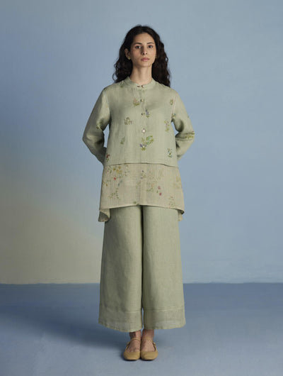 Leina A-Line Floral Linen Shirt - Mint