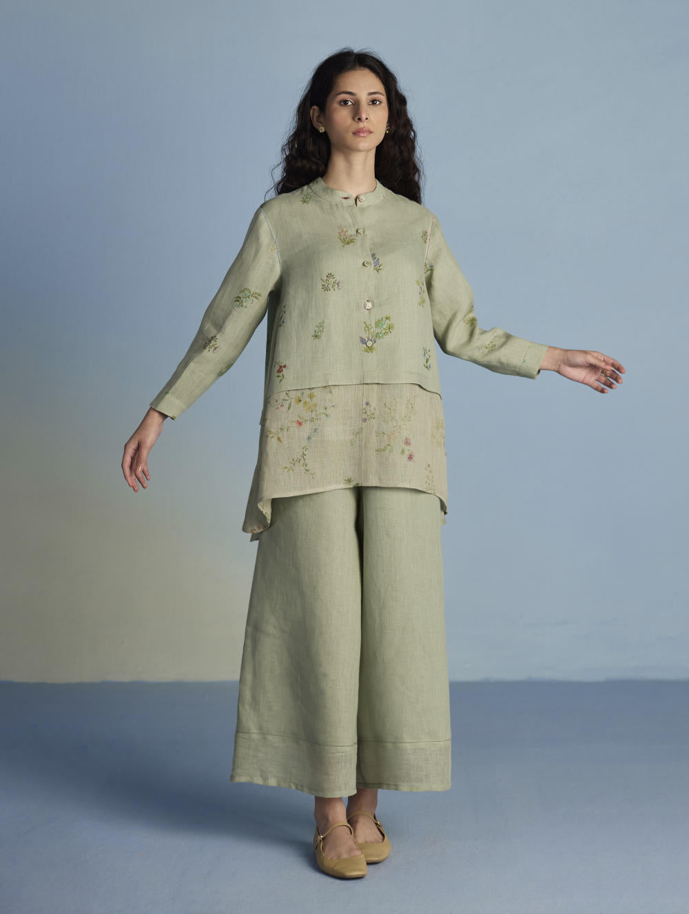 Leina A-Line Floral Linen Shirt - Mint