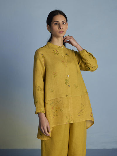 Leina A-Line Floral Linen Shirt - Ochre