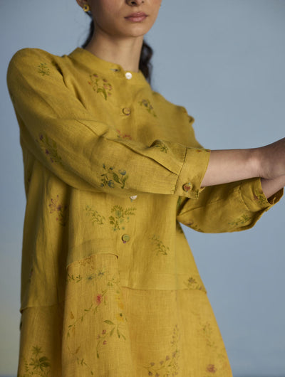 Leina A-Line Floral Linen Shirt - Ochre
