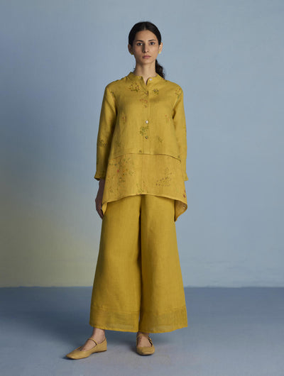 Leina A-Line Floral Linen Shirt - Ochre