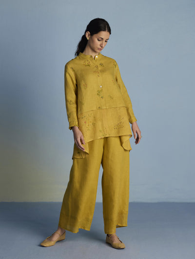 Leina A-Line Floral Linen Shirt - Ochre