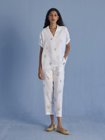 Mihen Elasticated Sleeve Linen Top - White