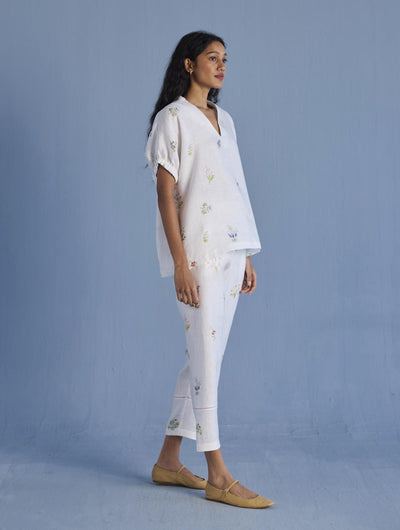 Mihen Elasticated Sleeve Linen Top - White