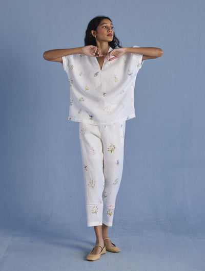 Mihen Elasticated Sleeve Linen Top - White