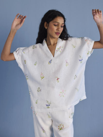 Mihen Elasticated Sleeve Linen Top - White