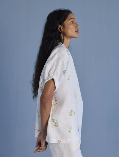 Mihen Elasticated Sleeve Linen Top - White