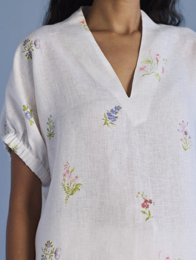 Mihen Elasticated Sleeve Linen Top - White