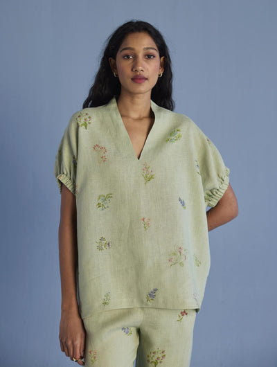 Mihen Elasticated Sleeve Linen Top - Mint