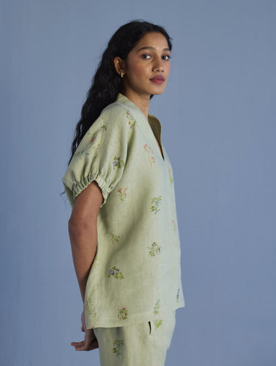 Mihen Elasticated Sleeve Linen Top - Mint