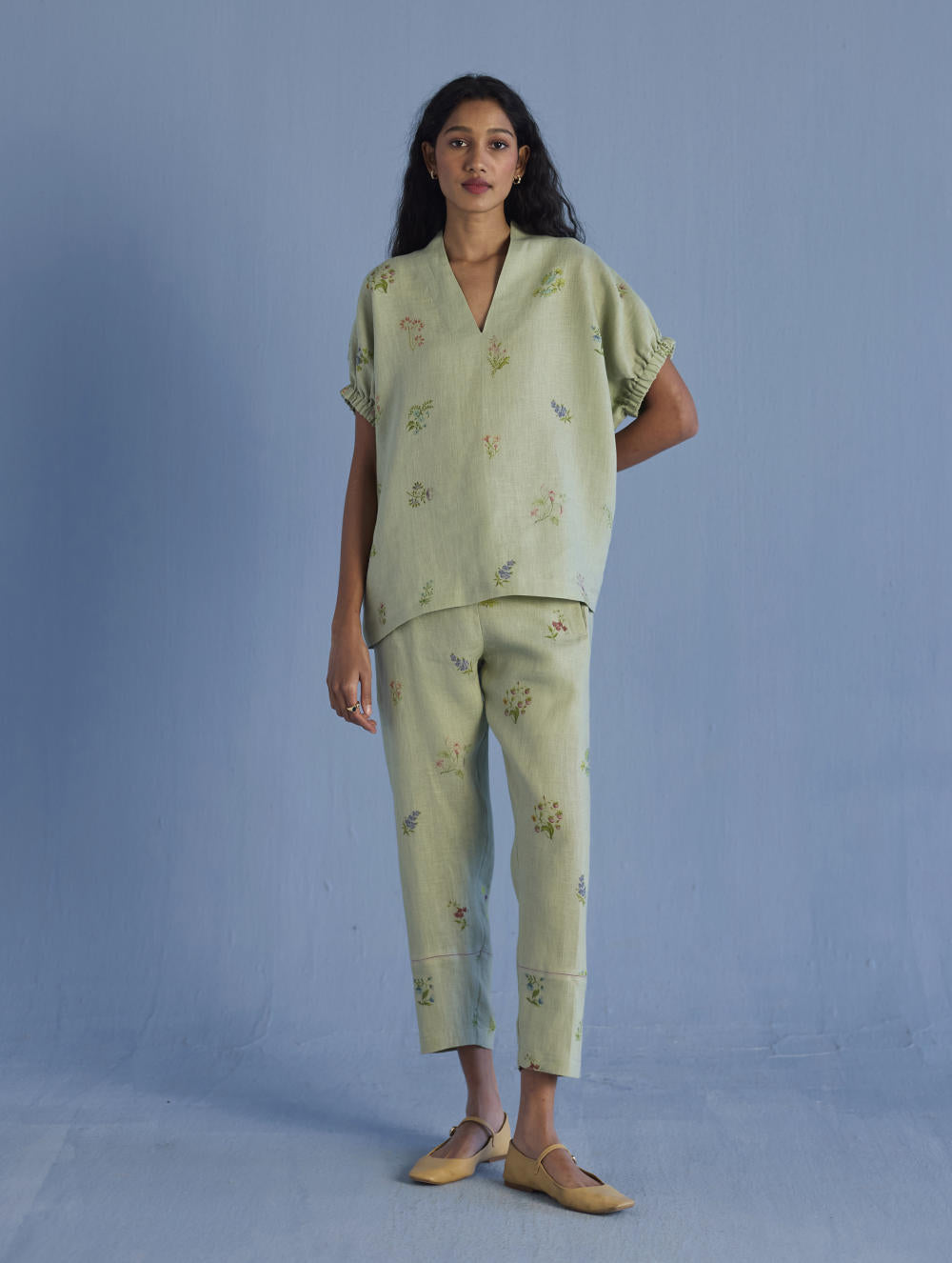 Mihen Elasticated Sleeve Linen Top - Mint