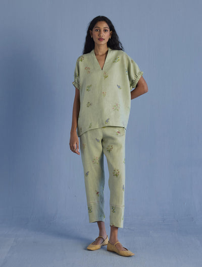 Mihen Elasticated Sleeve Linen Top - Mint