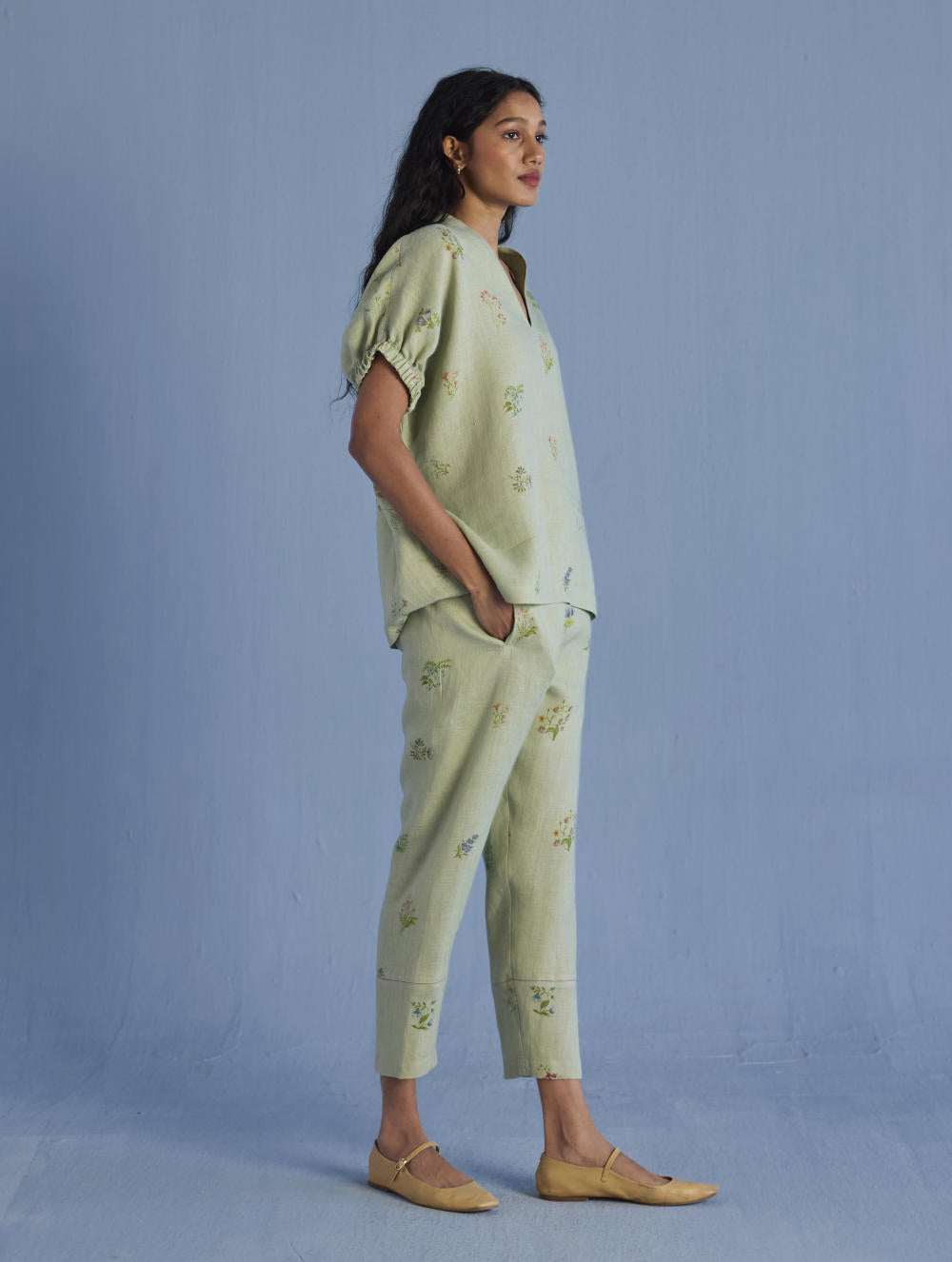 Mihen Elasticated Sleeve Linen Top - Mint