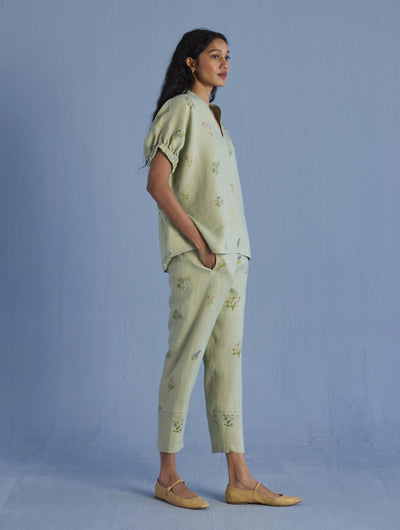 Mihen Elasticated Sleeve Linen Top - Mint