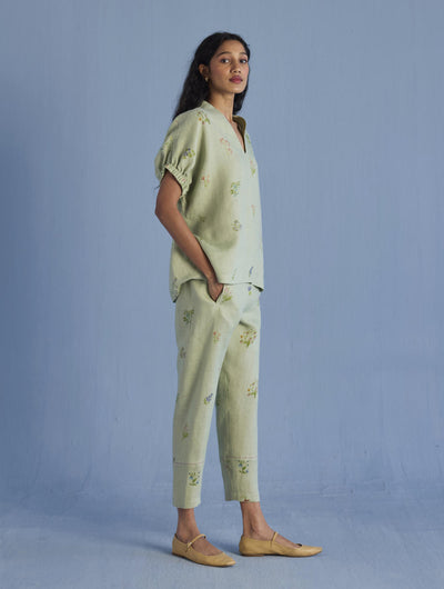Mihen Elasticated Sleeve Linen Top - Mint
