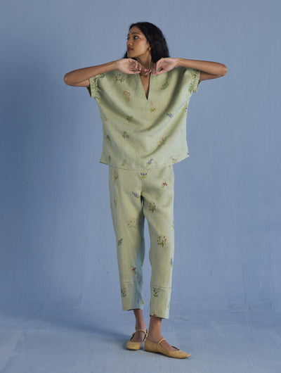 Mihen Elasticated Sleeve Linen Top - Mint