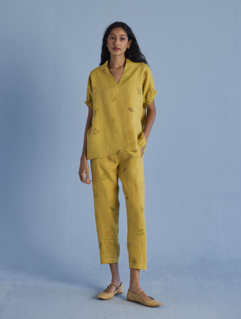 Mihen Elasticated Sleeve Linen Top - Ochre