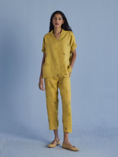Mihen Elasticated Sleeve Linen Top - Ochre