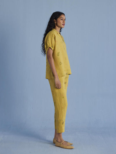 Mihen Elasticated Sleeve Linen Top - Ochre
