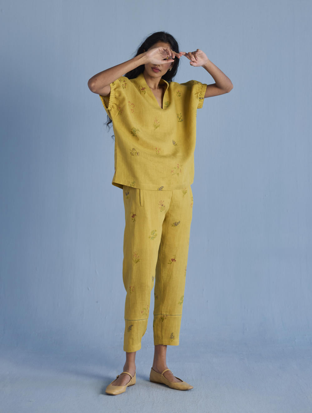Mihen Elasticated Sleeve Linen Top - Ochre