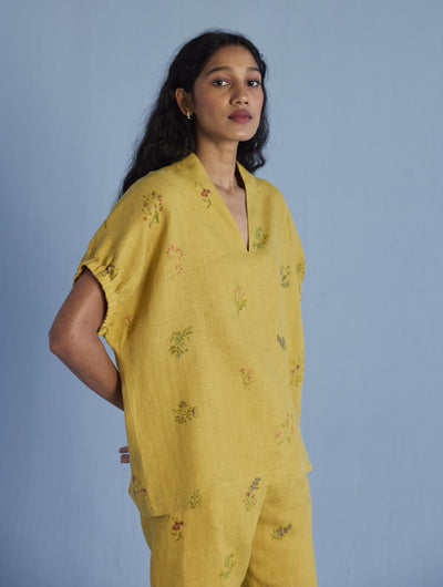 Mihen Elasticated Sleeve Linen Top - Ochre