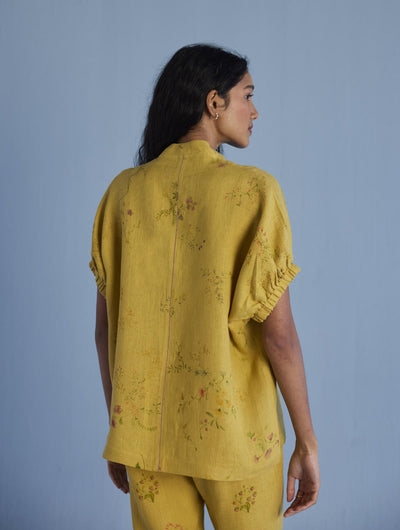 Mihen Elasticated Sleeve Linen Top - Ochre
