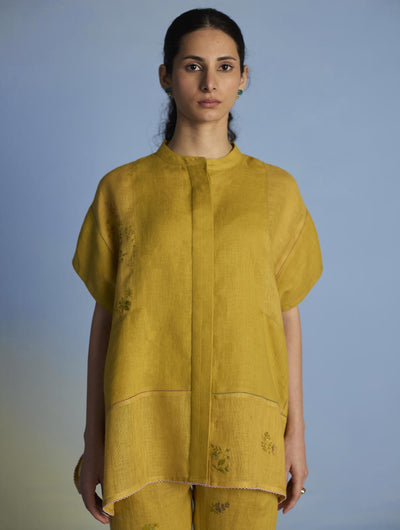 Aboli Patchwork Linen Shirt - Ochre
