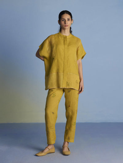 Aboli Patchwork Linen Shirt - Ochre