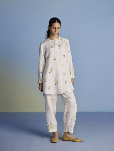 Anya Hand-Embroidered Floral Linen Kurta - White