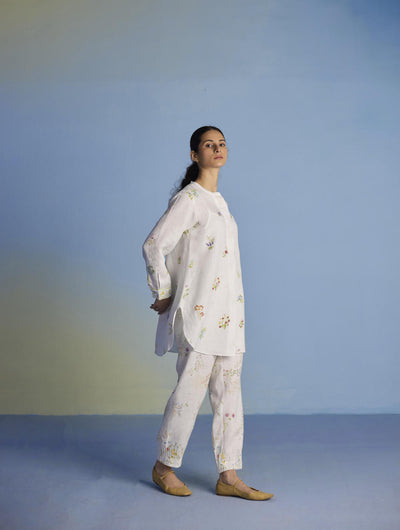 Anya Hand-Embroidered Floral Linen Co-ord Set - White