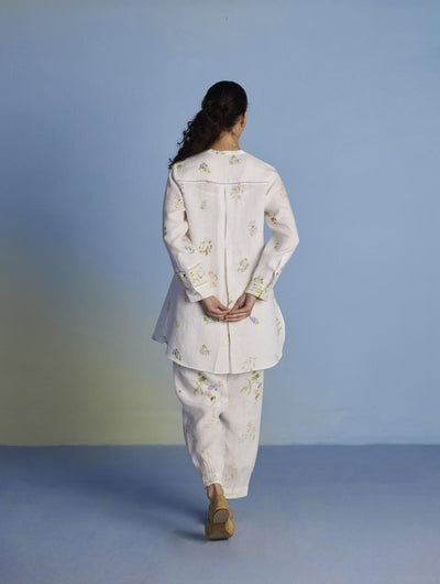Anya Hand-Embroidered Floral Linen Co-ord Set - White