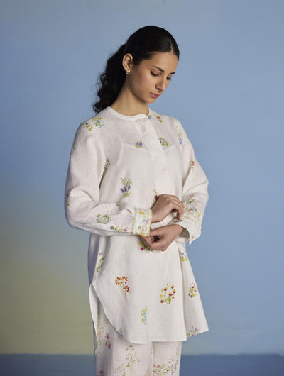 Anya Hand-Embroidered Floral Linen Co-ord Set - White