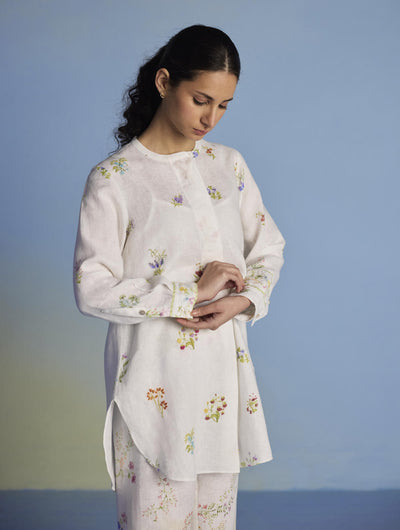 Anya Hand-Embroidered Floral Linen Co-ord Set - White