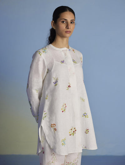 Anya Hand-Embroidered Floral Linen Co-ord Set - White