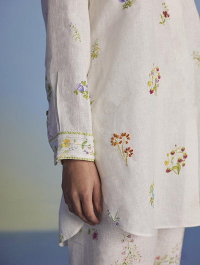 Anya Hand-Embroidered Floral Linen Kurta - White
