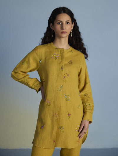Anya Hand-Embroidered Floral Linen Co-ord Set - Ochre