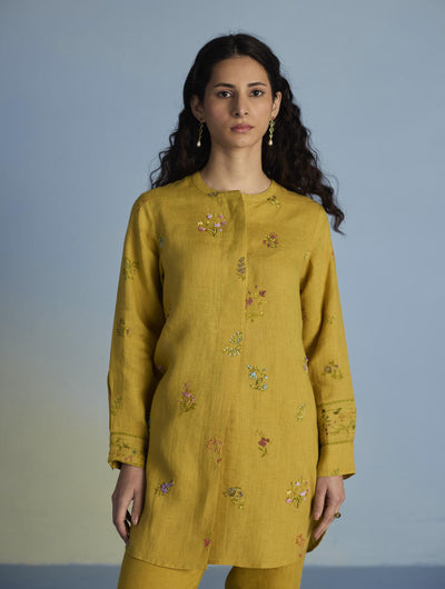 Anya Hand-Embroidered Floral Linen Co-ord Set - Ochre