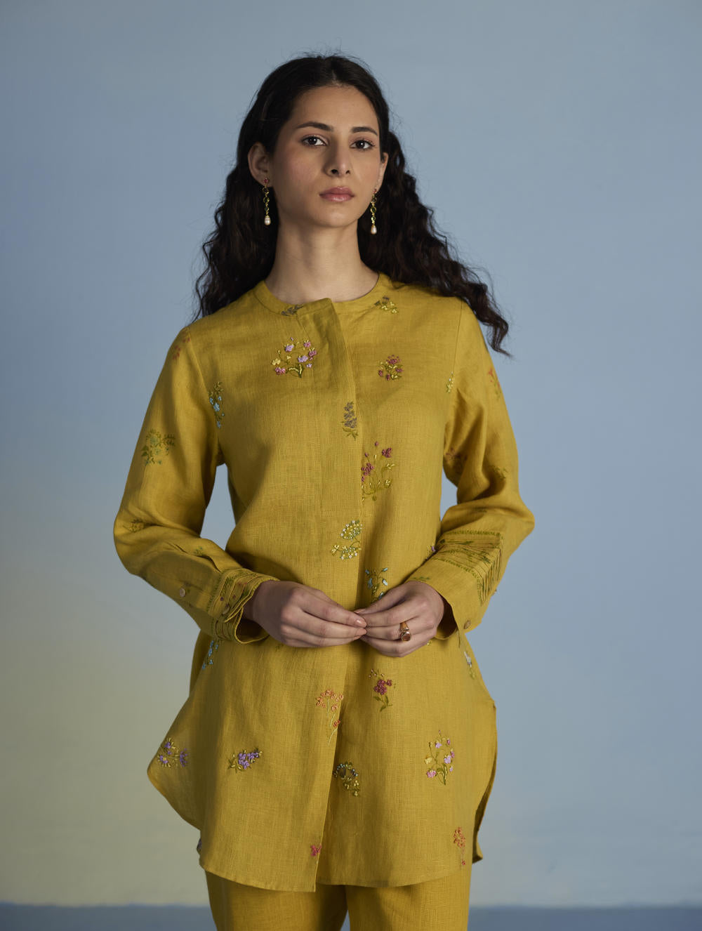 Anya Hand-Embroidered Floral Linen Co-ord Set - Ochre